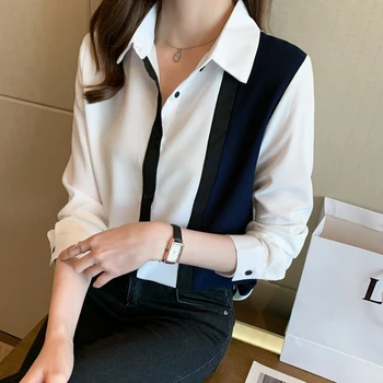 2023 Летняя новая рубашка, женская блузка с длинными рукавами, шифоновый воротник с лацканами, корейский модный свободный топ