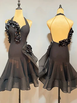 2023 Платье Для Латиноамериканских Танцев Женская Одежда для соревнований Черный Костюм В цветочек Румба Танго Одежда для бальных танцев JL5696