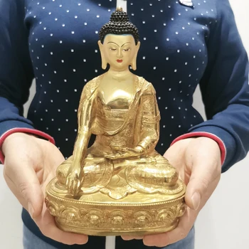21 см Оптовая продажа Тибетской статуи Будды ХОРОШАЯ медная позолота Статуя Будды Шакьямуни Защита семьи Здоровье безопасность удачи