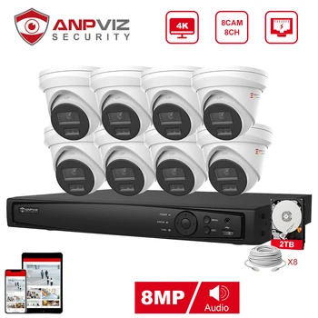 Anpviz 8CH 4K NVR 8MP POE IP Индивидуальная Камера Plug & Play System CCTV Комплект Наружного Видеонаблюдения Удаленный Просмотр H.265 IR 30m