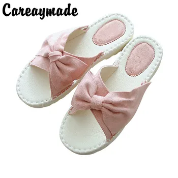 Careaymade-Летние новые пляжные тапочки в литературном стиле, удобная женская обувь на плоской мягкой подошве, маленькие свежие тапочки с милым бантиком