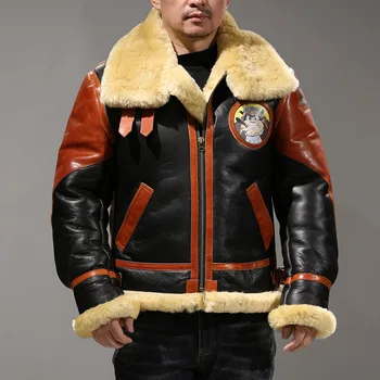 EQ1900 Европейский Размер, высококачественное супер теплое пальто из натуральной овечьей кожи, мужская куртка-бомбер из овечьей шерсти большого размера B3, военная меховая куртка