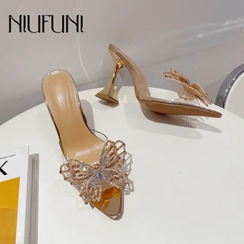 NIUFUNI/ Прозрачные женские тапочки из ПВХ с острым бантом, украшенные стразами, На высоком каблуке-шпильке, однотонная модная женская обувь для вечеринок