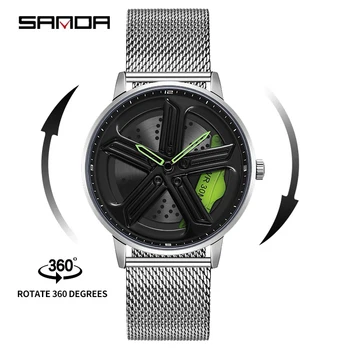 SANDA P1106 Абсолютно Новая Уникальная настоящая 3D модель Вращающихся часов со ступицей колеса автомобиля, Роскошные Светящиеся японские водонепроницаемые часы с оправой для мужчин