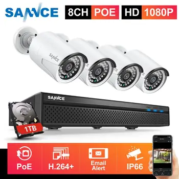 SANNCE 8CH 1080P POE NVR Комплект Системы Видеонаблюдения 2MP IR Наружная Аудиозапись IP-Камера Домашнего Видеонаблюдения CCTV Kit