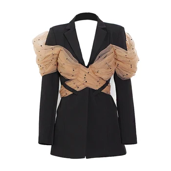 SISHION, весенний модный костюм с открытой спиной, куртка VD3677, Сетчатый дизайн в стиле пэчворк, Длинный рукав, Черное женское пальто, верхняя одежда