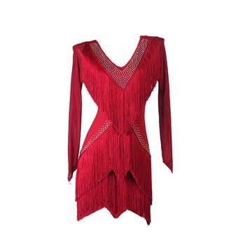 Бордовая юбка с V-образным вырезом и бахромой, Платье для Латиноамериканских танцев, современное платье для танцев, вечеринка, шоу, Конкурс, дамы