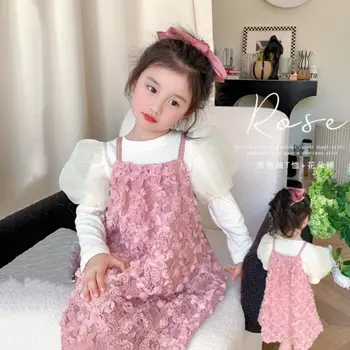 Весенне-осеннее платье-футболка в корейском стиле, Свободная милая одежда для девочек, комплект из 2 предметов, без рукавов, довольно мягкий хлопок