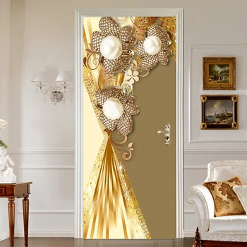 Дверная наклейка Европейский стиль Роскошные 3D стерео цветочные украшения Обои Гостиная Спальня Домашний декор Дверная наклейка Vinly 3D Фрески
