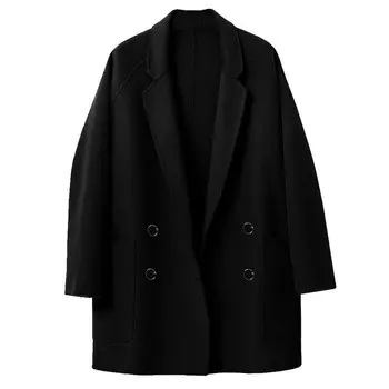 Двойное кашемировое пальто Женское 2023, новинка осени и зимы, черное, короткое, двубортное, Свободная строчка, Темпераментный костюм, воротник из шерсти
