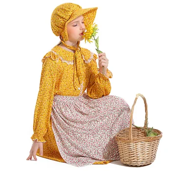 Детские костюмы горничной с фермы в стиле кантри на Хэллоуин, Пурим, косплей, желтое платье с цветочным рисунком для девочки-пионерки в колонии прерий
