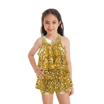 Детское платье-трико для джазовых танцев, блестящие пайетки для девочек, Балетное платье без рукавов, танцевальный комбинезон для Коротышек, костюмы для Латиноамериканских выступлений