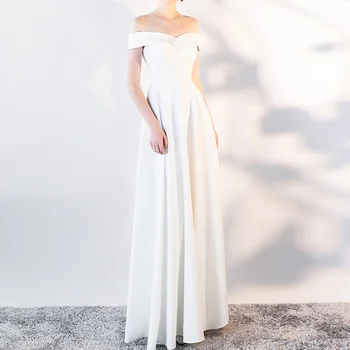Длинное Элегантное вечернее платье, белые атласные женские вечерние платья, плиссированные, с открытыми плечами, Высокое качество, Vestidos Трапециевидной формы на молнии сзади, Подружка Невесты
