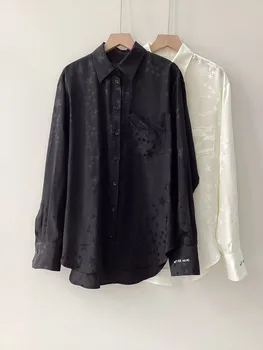Женская блузка из 100% шелка, Жаккардовое кружево со звездами, Свободный Топ с длинным рукавом и буквенной вышивкой, Женская рубашка с отложным воротником