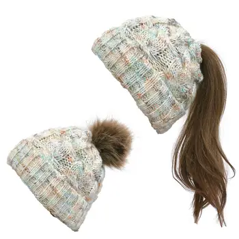 Женская Зимняя шапка-бини ручной вязки с помпонами из искусственного меха, Толстая Напускная Лыжная шапка с черепом Кабельной вязки