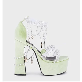 Зеленые Босоножки на платформе с украшением в виде цепочки и кристаллов, с открытым носком, на толстом каблуке, Модный Новый стиль 2023, Летняя женская обувь Zapatillas Mujer