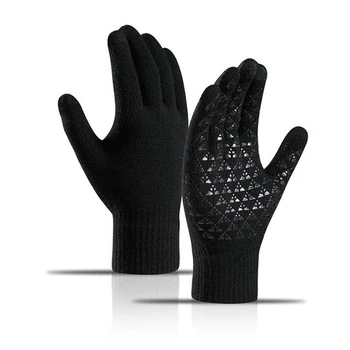 Зимние вязаные мужские перчатки, Велосипедные флисовые перчатки с толстым сенсорным экраном, теплые треугольные нескользящие акриловые перчатки для телефона для женщин