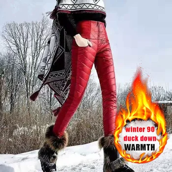 Зимние теплые брюки на утином пуху для женщин, высокая талия, эластичный пояс, узкие брюки-карандаш, большие размеры, бархатные женские брюки