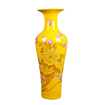 Керамика Цзиндэчжэнь, Китайский Красный Цветок пиона, Высококачественная желто-черная Напольная Большая Ваза, Украшения для Нового дома