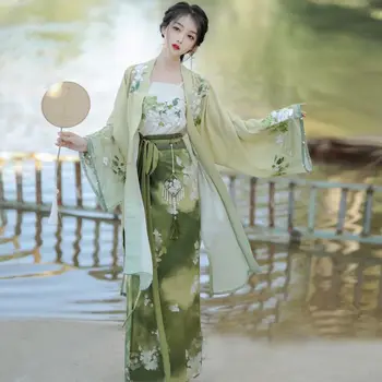 Китайское традиционное платье Ханфу, костюм с вышивкой, Женская Юбка с закручиванием в виде Храма Чанган, Верхнее Пальто, Длинная рубашка, Летний комплект