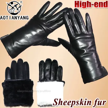 Кожаные перчатки из овчины, женские кожаные шерстяные зимние утолщающие теплые меховые интегрированные перчатки для езды на велосипеде, вождения, ветрозащитный сенсорный экран