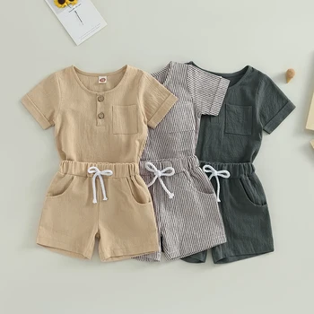 Комплекты одежды из хлопка и льна для маленьких мальчиков, топы с короткими рукавами и карманами на пуговицах + шорты, летняя повседневная одежда для малышей