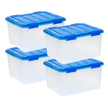 Коробка для хранения с прокладкой WeatherPro ™ объемом 44 литра из прозрачного пластика с крышкой, синяя, набор из 4
