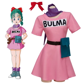 Костюм для Косплея Bulma, Розовое платье, Головной убор, Фиолетовый Шарф, Поясная сумка, полный комплект для Женщин, костюм для Косплея на Хэллоуин
