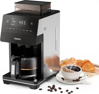 Кофеварка для измельчения и заваривания кофе с регулируемым размером помола, Цифровым сенсорным экраном со светодиодной подсветкой, Съемной корзиной для кофейного фильтра, Индикацией очистки