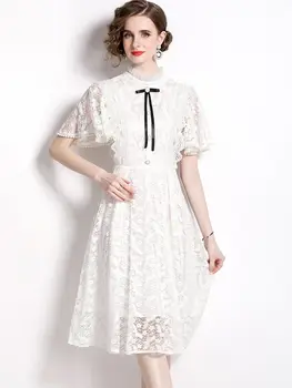 Летнее Женское Белое кружевное вечернее платье, Модные Платья Миди с расклешенными рукавами и милым Галстуком-бабочкой