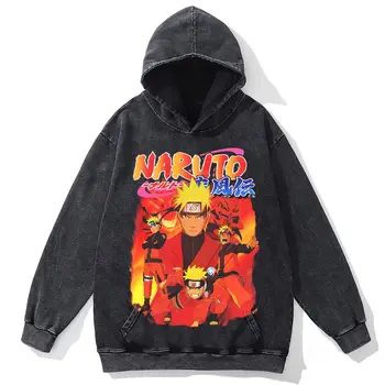 Мужская выстиранная черная толстовка с капюшоном, уличная одежда в стиле хип-хоп, Пуловер с рисунком Аниме Наруто, хлопковая винтажная толстовка в стиле Харадзюку