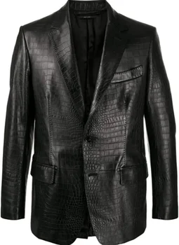 Мужская кожаная куртка с эффектом крокодила, Кожаный Блейзер для мужчин, костюм, Кожаное пальто, Европейский и американский модный тренд