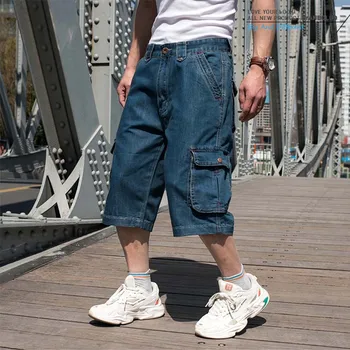 Мужские летние джинсовые шорты-карго с множеством карманов, синие прямые короткие джинсы для мужчин, большие размеры 30-46