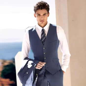 Мужской официальный жилет, синий деловой костюм без рукавов с V-образным вырезом, жилет, роскошные и элегантные костюмы для мужчин