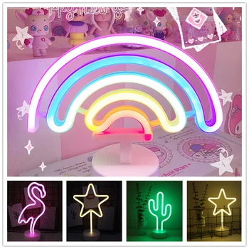 Неоновая Вывеска, лампа с Единорогом и Фламинго, Луна и Радуга для дома, Прикроватный ночник для детской комнаты, Декоративный светильник для детей USB LED