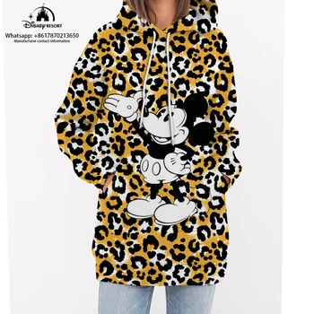 Новая осенняя леопардовая коллекция Уличной одежды с героями мультфильмов Микки и Минни, бренд Disney, женская повседневная толстовка с круглым вырезом, удлиненная толстовка Y2K