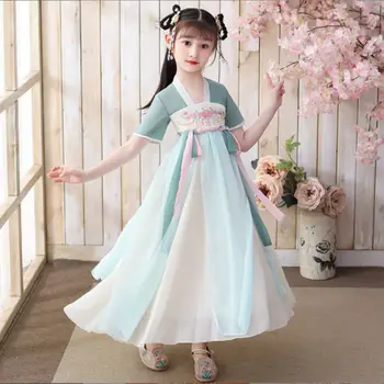 Новое китайское детское платье Hanfu от 3 до 12 лет, Весенне-летнее платье Принцессы Танг для девочек с коротким рукавом