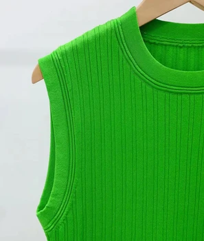 Новое платье сезона весна-лето 2023, женское платье простого зеленого цвета без рукавов, сшитое с круглым вырезом, трикотажное платье А-образной формы