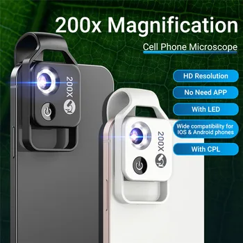 Объектив микроскопа с 200-кратным увеличением с мобильной светодиодной подсветкой CPL, Микро-карманные макрообъективы для смартфонов Iphone Huawei, аксессуары