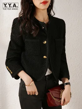 Однобортный офисный женский твидовый пиджак, Модное черное Элегантное короткое пальто в стиле ретро, приталенный крой с круглым вырезом и длинным рукавом, Весенние женские куртки