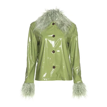 Осенне-зимние женские куртки 2021, модная куртка из искусственной кожи с воротником из искусственного меха с длинным рукавом, однобортные тонкие теплые пальто