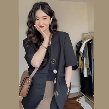 Плюс Размер, Корейский Модный Блейзер с V-образным вырезом и коротким рукавом, Женская Весенне-летняя куртка Y2k, Укороченный Топ, Деловая Повседневная Женская Одежда