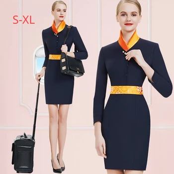 Профессиональный костюм стюардессы Новых авиакомпаний, Женская офисная рабочая одежда, темно-синее платье, Авиационная униформа