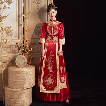 Свадебное платье Невесты с атласной вышивкой В китайском стиле, винтажная одежда для тостов Чонсам