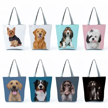 Сумки для покупок, пляжные однотонные сумки на плечо с животными, подарочные сумки на заказ для женщин, Повседневные Многоразовые портативные футболки с принтом милой собаки
