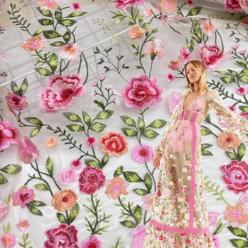 Ткани с объемной вышивкой из розовой сетки 92 см x 130 см, Дизайнерское швейное платье, ткань для одежды 