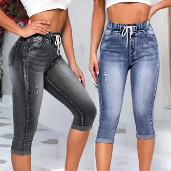 Узкие джинсы для женщин, стрейчевые джинсовые брюки с высокой талией, джинсы для мам, брюки-карандаш длиной до колен, повседневные комфортные брюки оверсайз